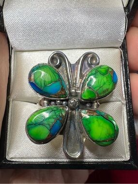 Ring 925 Sterling Silver Peacock Dahlia Turquoise Butterfly Statement